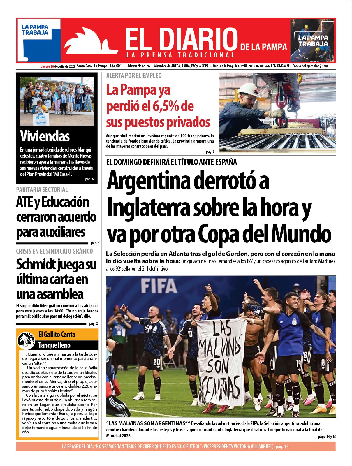Tapa de El Diario en papel  jueves 16 de julio de 2026